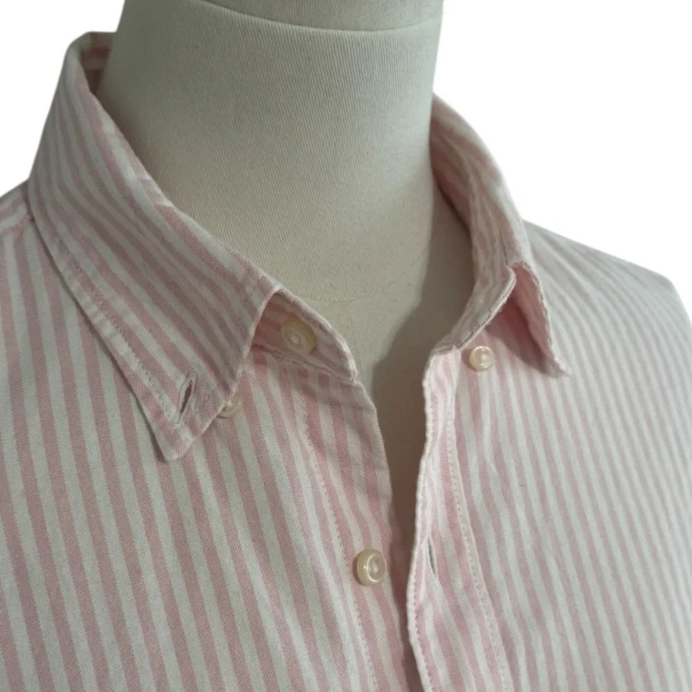 Slim Broken-In 100% Cotton Oxford Button Down Shirt Size M White Pink Stripes Up